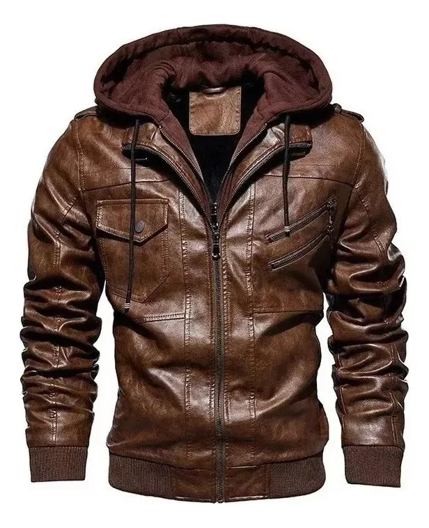 Imagem 6 de 8 de Jaqueta De Couro Envolvente Masculina Com Gola Redonda, Jaqu