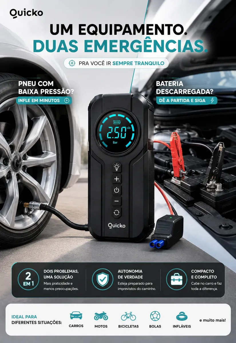 Bomba De Ar Elétrica Portátil Compressor Calibrador De Pneus Digital Para Carro Moto Bicicleta Inflador Recarregável Auxiliar De Partida Bateria Power Bank Celular Emergência Automotiva Quicko — imagem 4