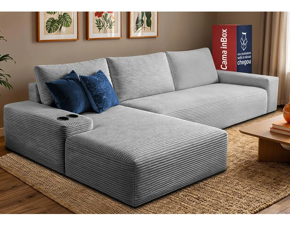 Sofá Evo. 2,70m Molas Ensacadas Com Chaise Esq. Cama Inbox Prateado Liso