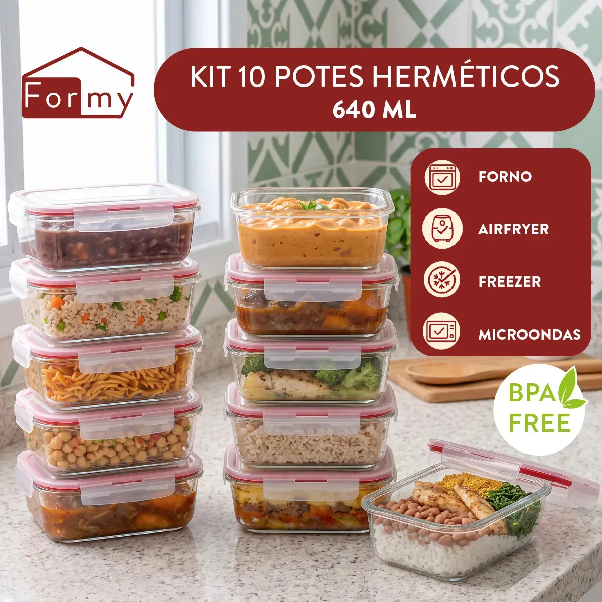 Kit com 10 Potes de Vidro Borossilicato Herméticos 640ml Azul-Escuro