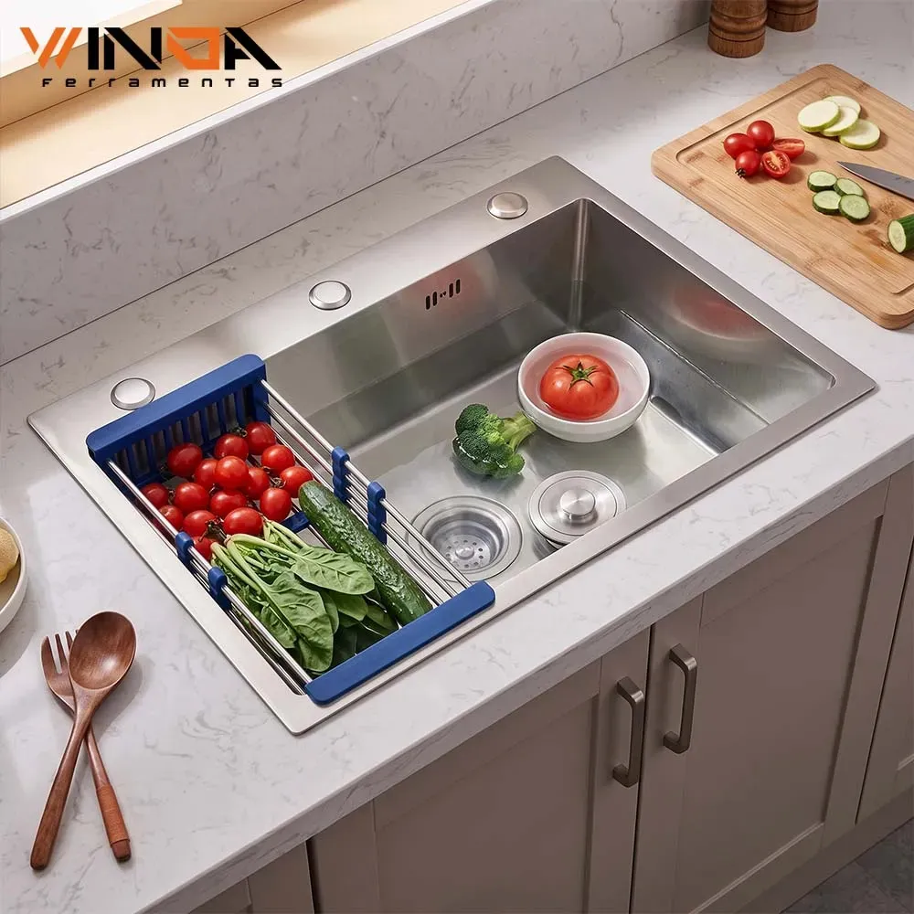 Cuba Gourmet Cozinha 60x45cm Aço Inox Escovado com Escorredor Regulável e Dispenser de Detergente Winda