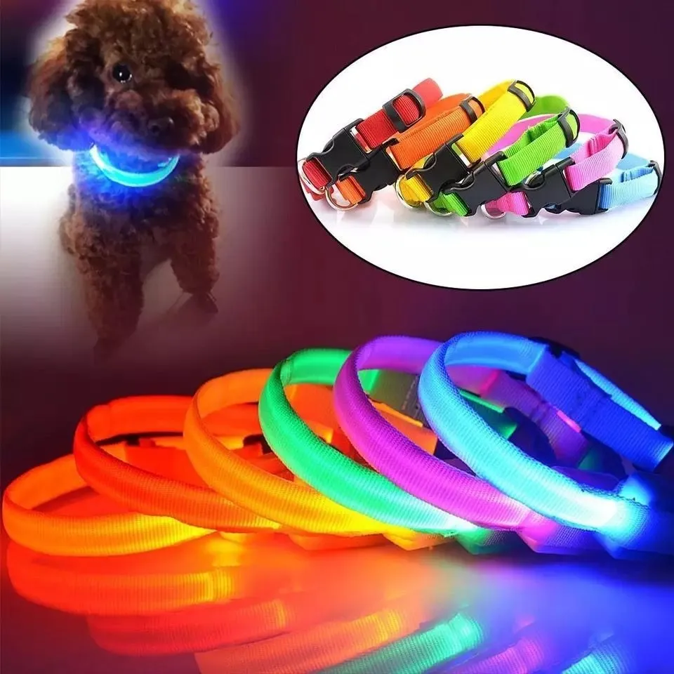 Collar Luz Led Para Perros Gatos Ajustable Con 3 Modos Pilas