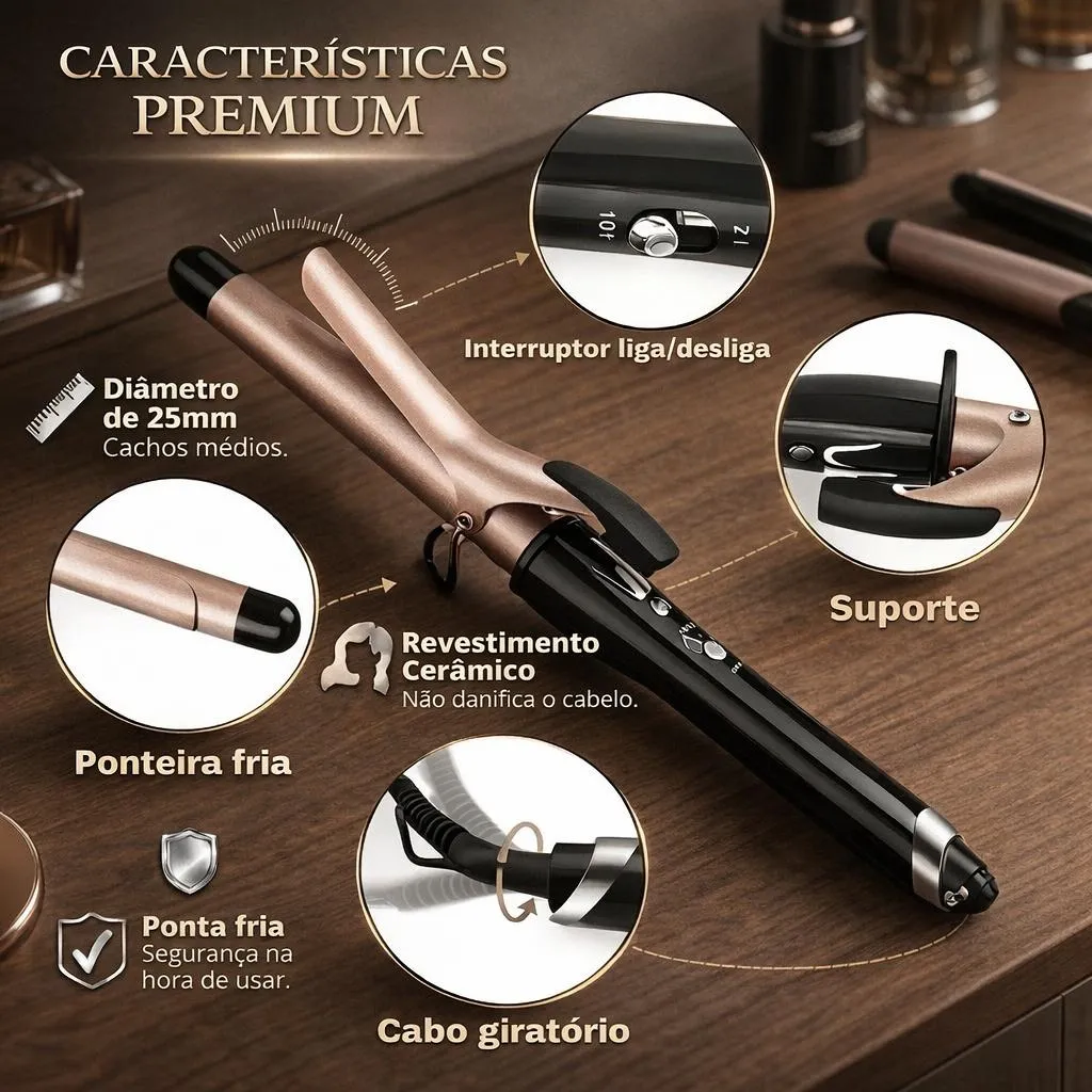 Vista detalhada do modelador de cachos rose gold e preto, com círculos ampliando o interruptor liga/desliga, suporte, cabo giratório, ponteira fria e revestimento cerâmico de 25mm.
