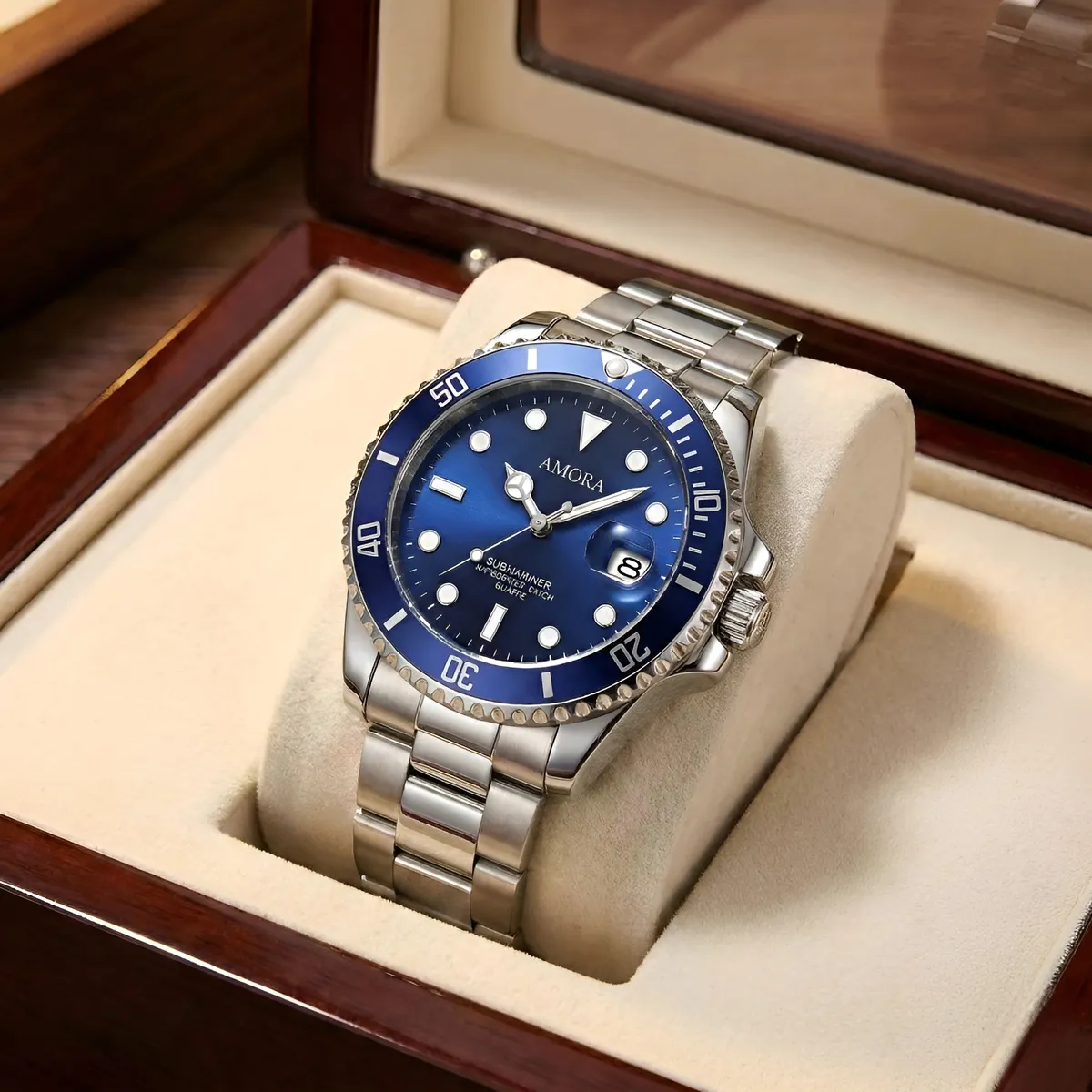 Relógio Masculino Design Submariner Old Money Analógico Prateado Azul