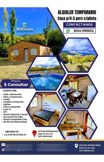 Alquiler Cabaña C/pileta  P/4-5 Personas, Los Hornillos