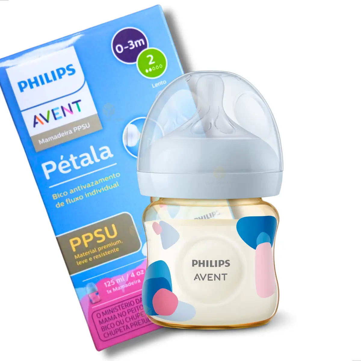 Mamadeira Avent Pétala Ppsu Azul E Rosa 125ml 0m+ Bico N°2 Azul E Rosa Decorada Tintas