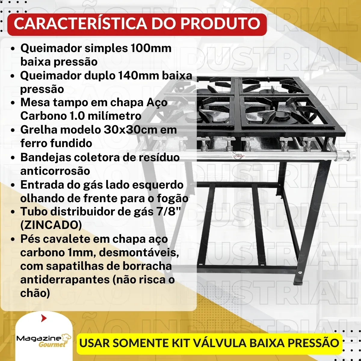 Fogao Profissional 4 Bocas Queimadores Mix Baixa Pressão 30x30 Industrial A Gás Economy Marca Cozinha Gourmet - Imagem 2
