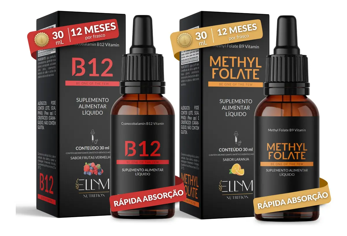 Kit Vitamina B12 + Vitamina B9 Sublingual em Gotas ELLYM NUTRITION 30 mL Por Frasco Metilfolato Rápida Absorção