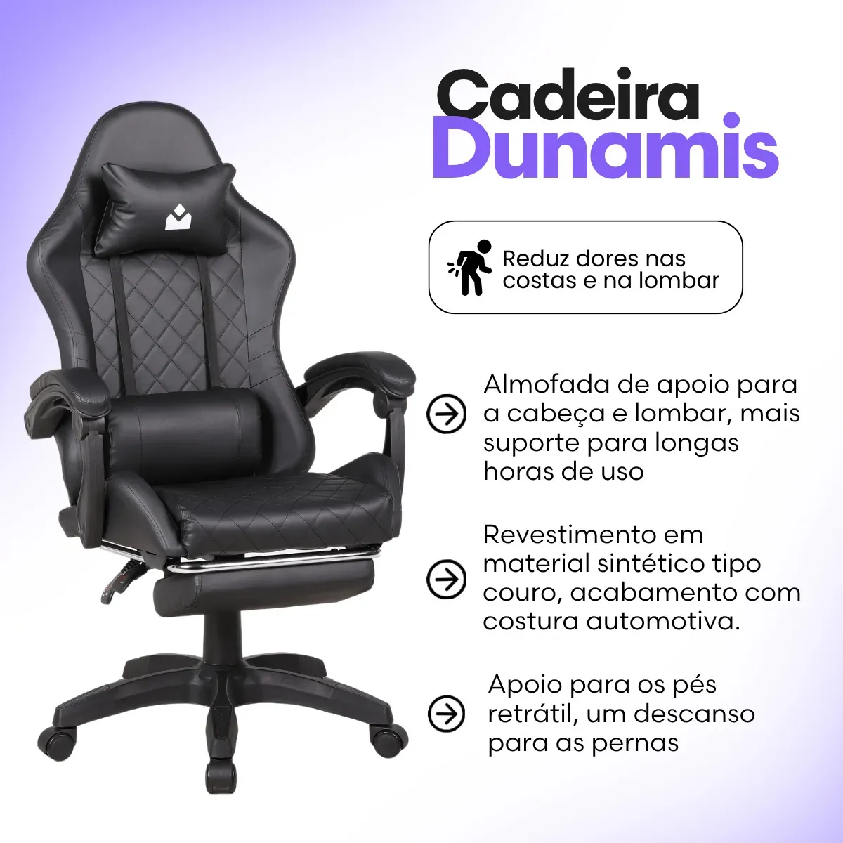 Cadeira De Escritorio Gamer Ergonômica Dunamis Preta Marqs Home Reclinável 180kg Resistente Giratória Confortavel Computador