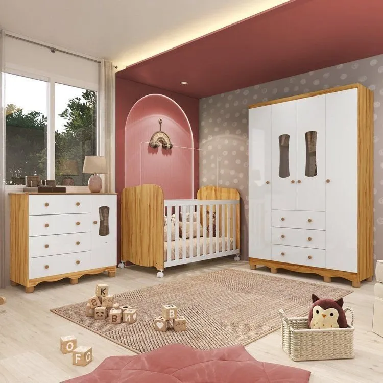 Quarto De Bebê Com Guarda-roupas 4 Portas Janeladas Cômoda