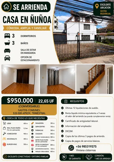 Se Arrienda Casa En Ñuñoa, Cómoda Y Familiar.