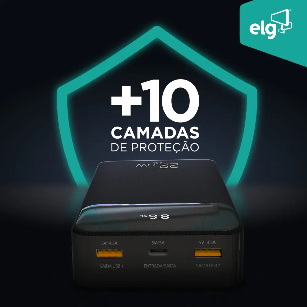 Power Bank Pro 20000mah ELG Pb200bk, Bateria Portátil Universal, Carga Rápida, Display Indicador, Entradas Micro Usb E Usb-c, 2 Portas Usb-a, Pd+qc3.0, Preto