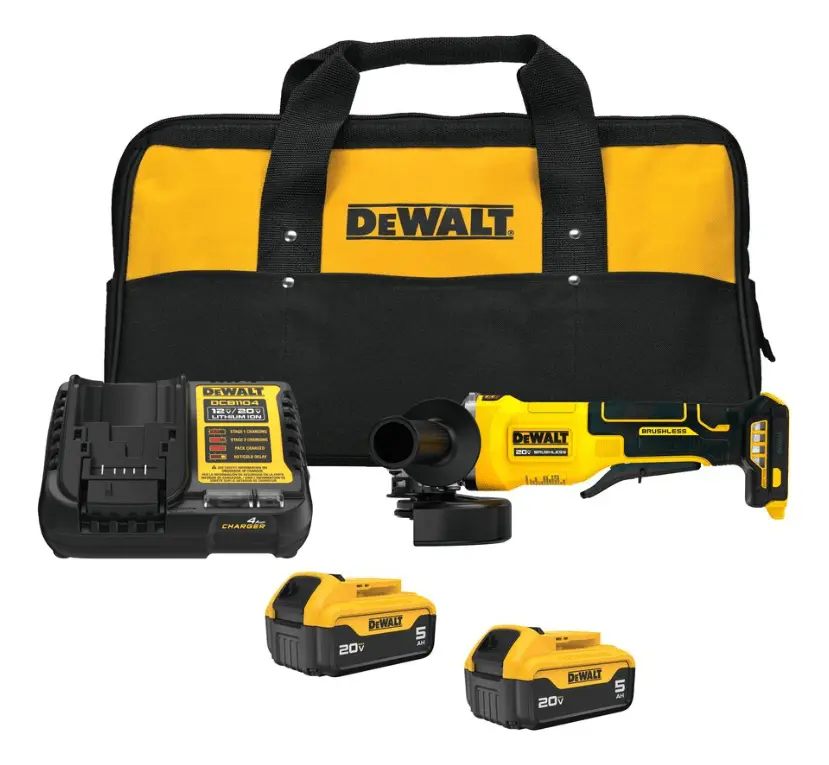 Kit DeWalt DCG408P2 con esmeril angular amarillo, dos baterías, cargador y bolso