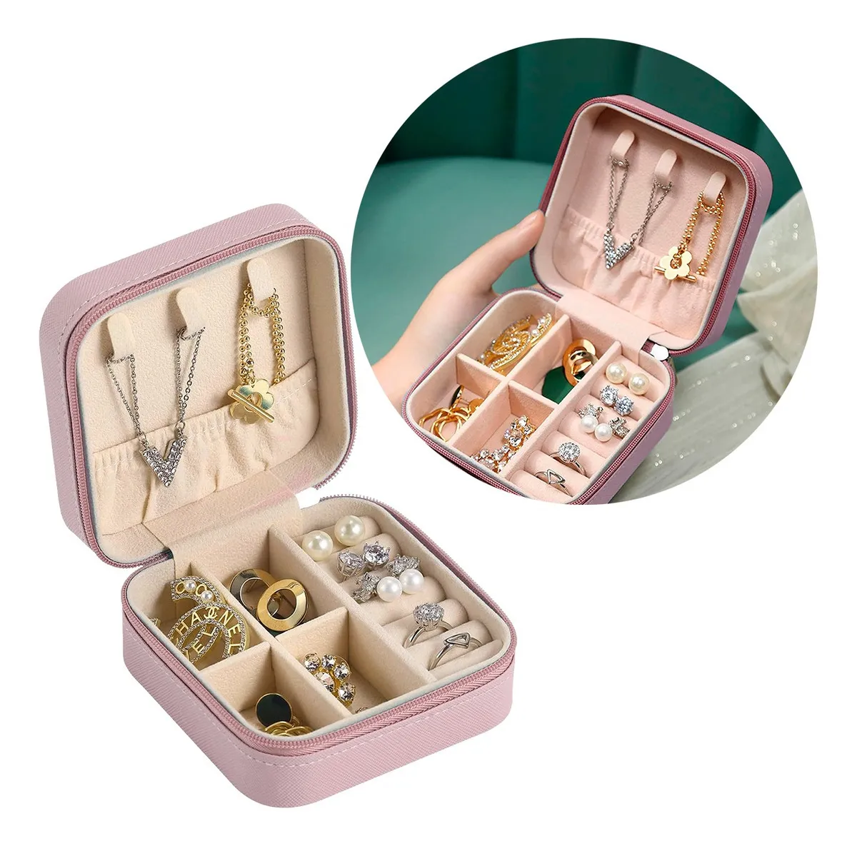 Mini Joyero De Viaje Alhajero Almacenamiento Joyas Multiusos Color Rosa