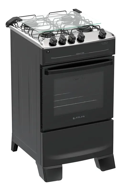 Fogão 4 Bocas Atlas Mônaco Top com Mesa de Inox Preto
