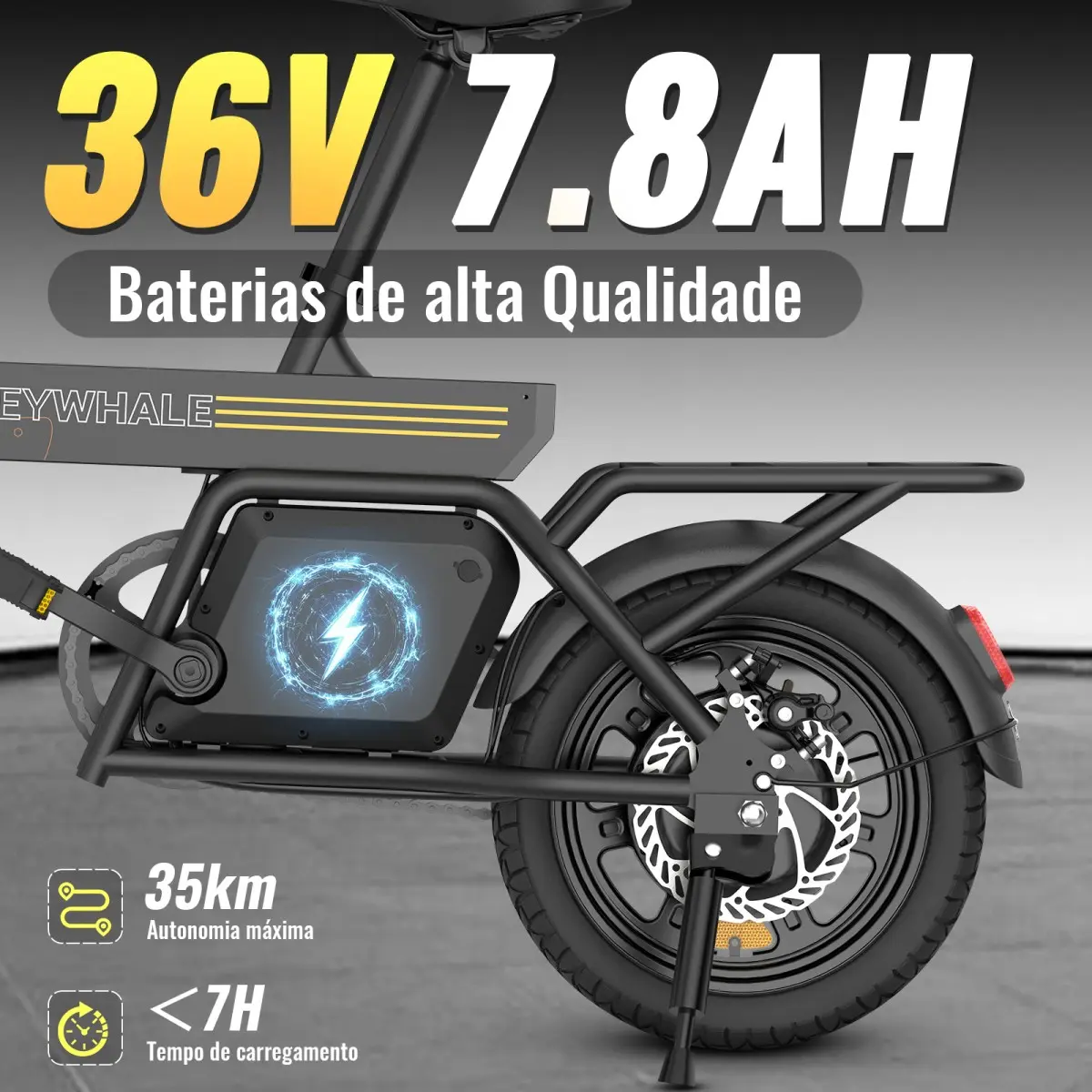 Detalhe da bateria de 36V 7.8Ah integrada no quadro da bicicleta elétrica