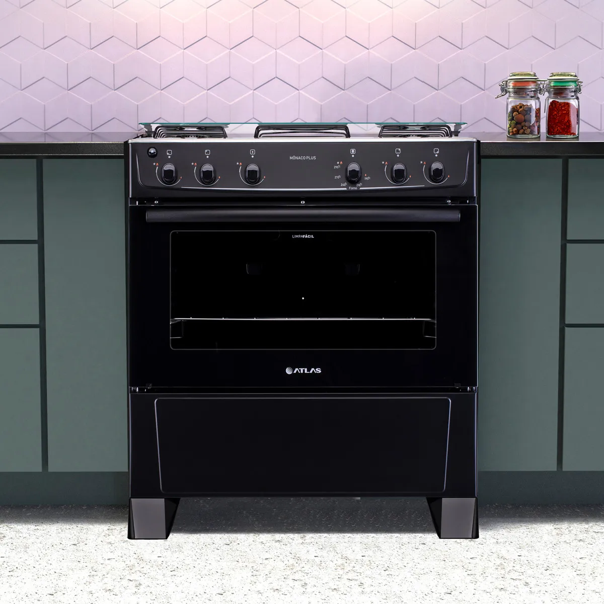Fogão 5 Bocas Atlas Mônaco Plus com Mesa de Inox e Forno com 86,5 Litros Preto Bivolt - Imagem 3