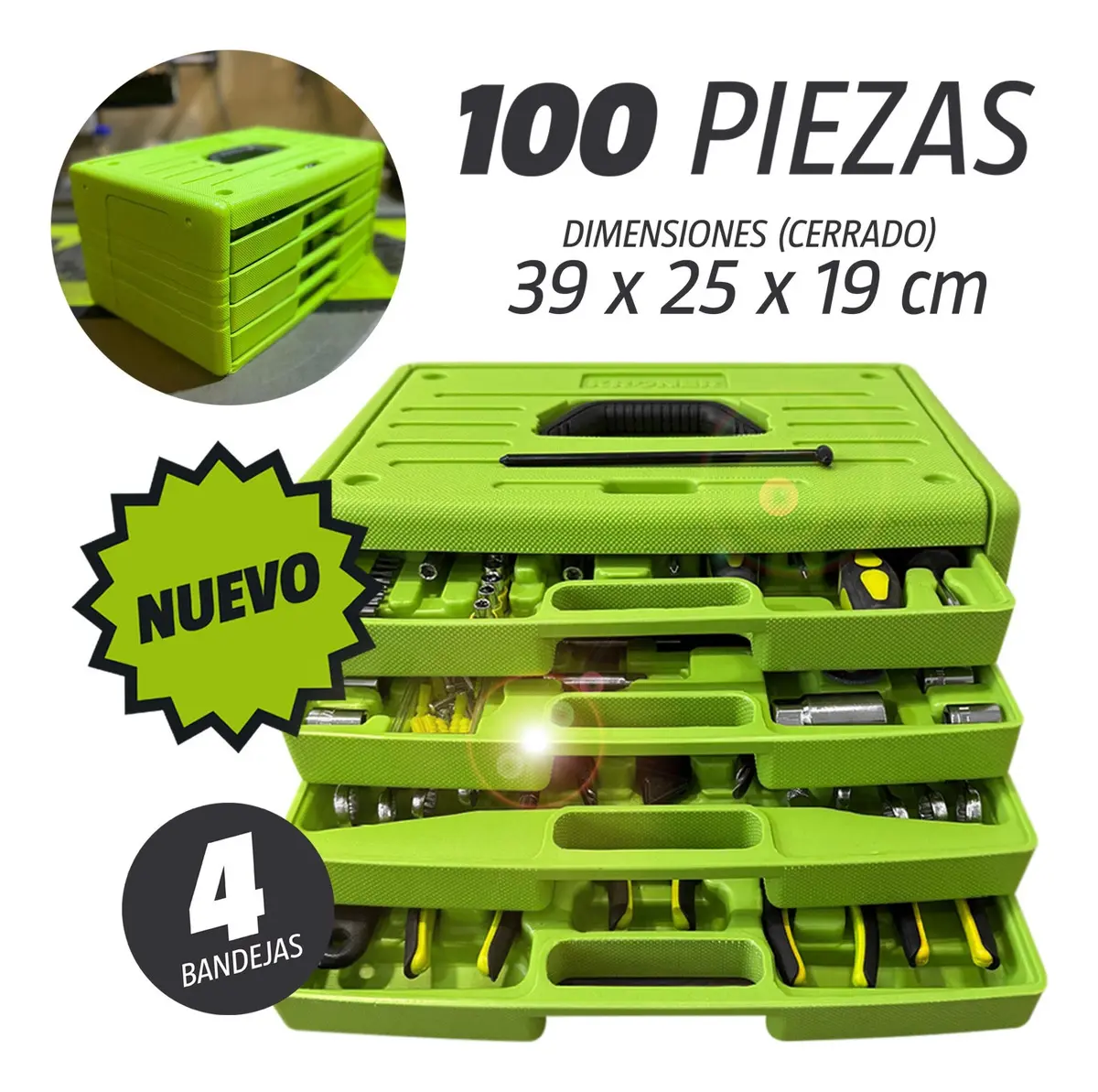 Juego 4 Bandejas Tubos Llaves Y Puntas X 100 Piezas Kroner Color Verde lima