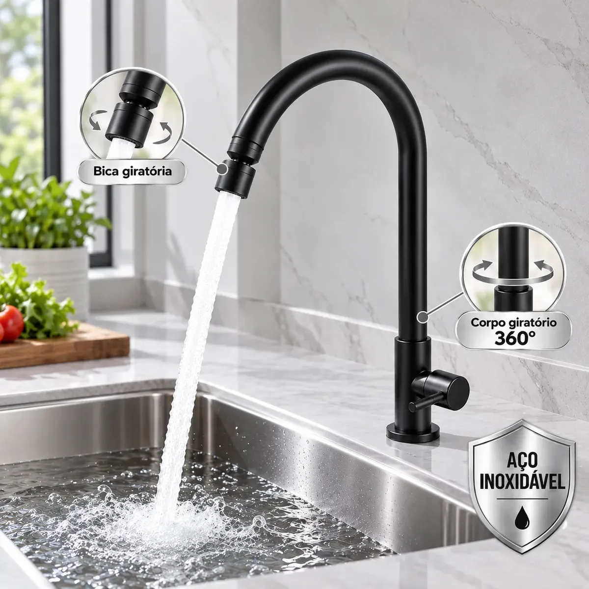 Torneira para Cozinha Inox Preta Fosca de Bancada Água Fria Bica Alta e Corpo Giratórios