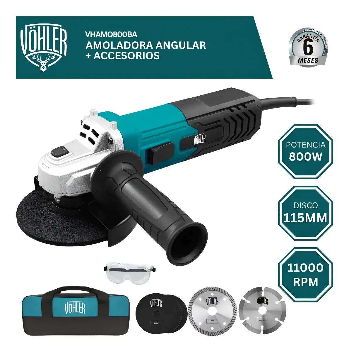 Amoladora Angular Vöhler 115mm 800w 11000rpm + Accesorios Azul Petróleo 50 / 60 Hz