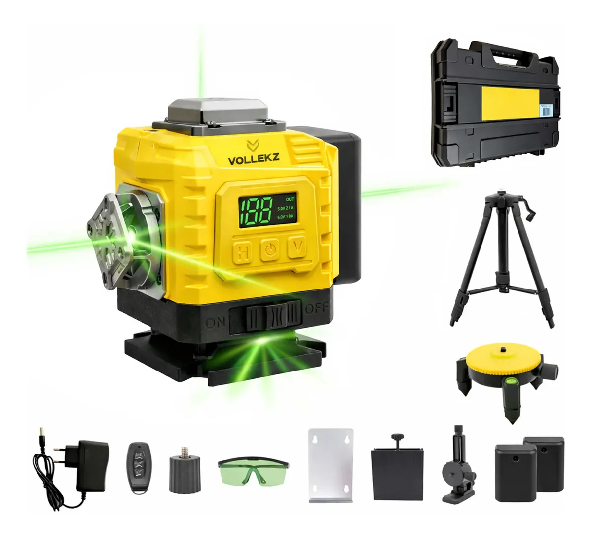 Kit Nível Laser 12 Linhas Verde 4d Com Tripé 2 Baterias Suporte Magnético Controle Remoto Vollekz Esquadro Recarregável Profissional Prumo Autonivelante
