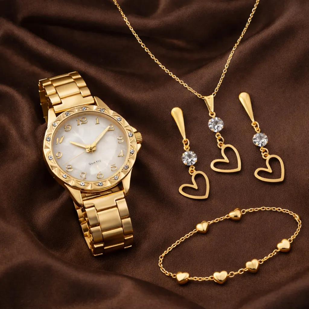 Kit Colar + Brincos E Pulseira Folheados + Relógio Feminino pulseira feminina