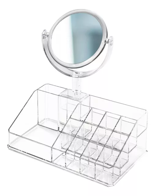 SHYFOY Organizador de brochas de maquillaje con espejo, 3 ranuras de vidrio  para cosméticos, soportes de almacenamiento con diamante triturado de