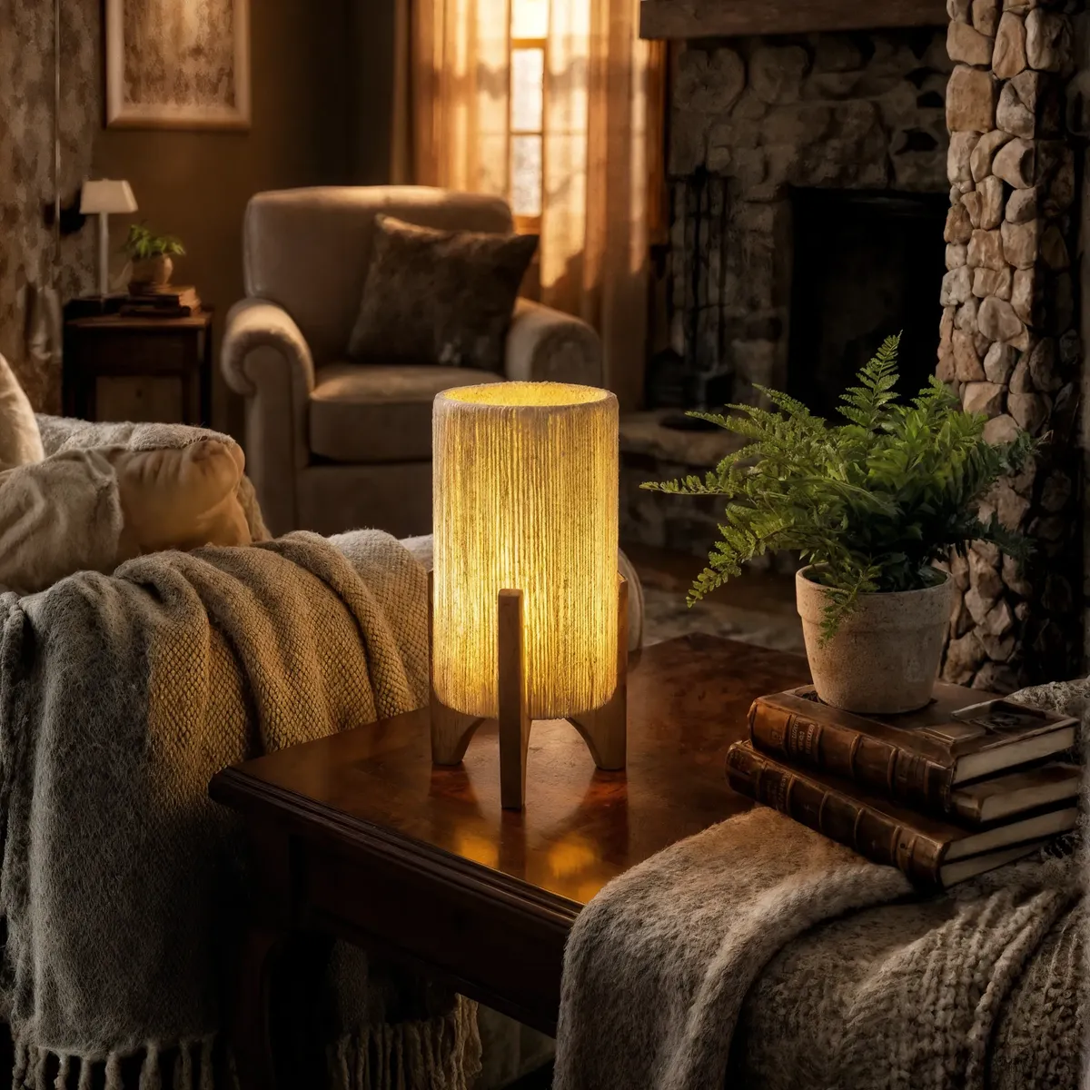 Abajur De Mesa Rústico Com Cúpula Sisal Pés De Madeira 39cm