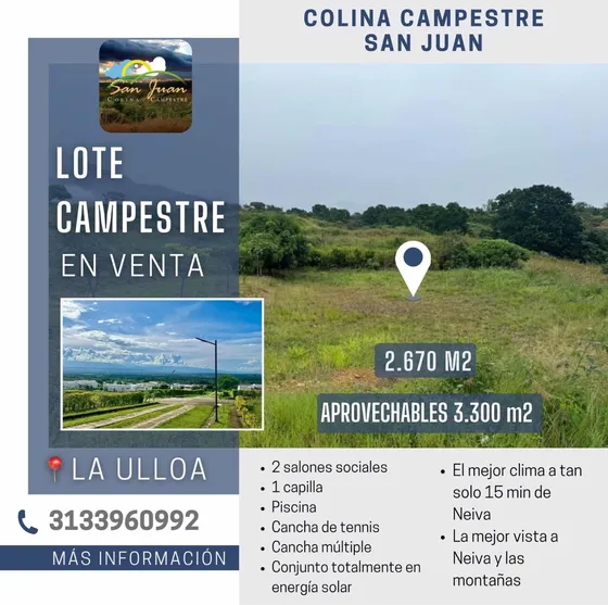 Lote En Venta En La Ulloa, Rivera Huila. Ubicado En El Conjunto San Juan Colina Campestre, A Solo 15 Minutos De Neiva