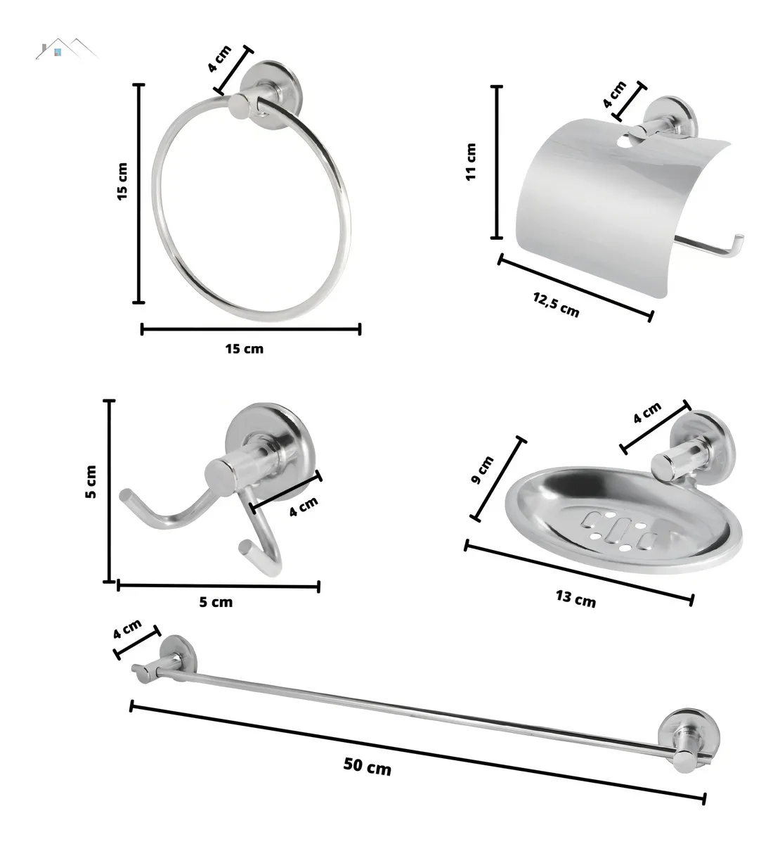 Kit Acessórios Banheiro Inox 5peças + 1 Porta Shampoo Reto Cor Prateado - Imagem 2