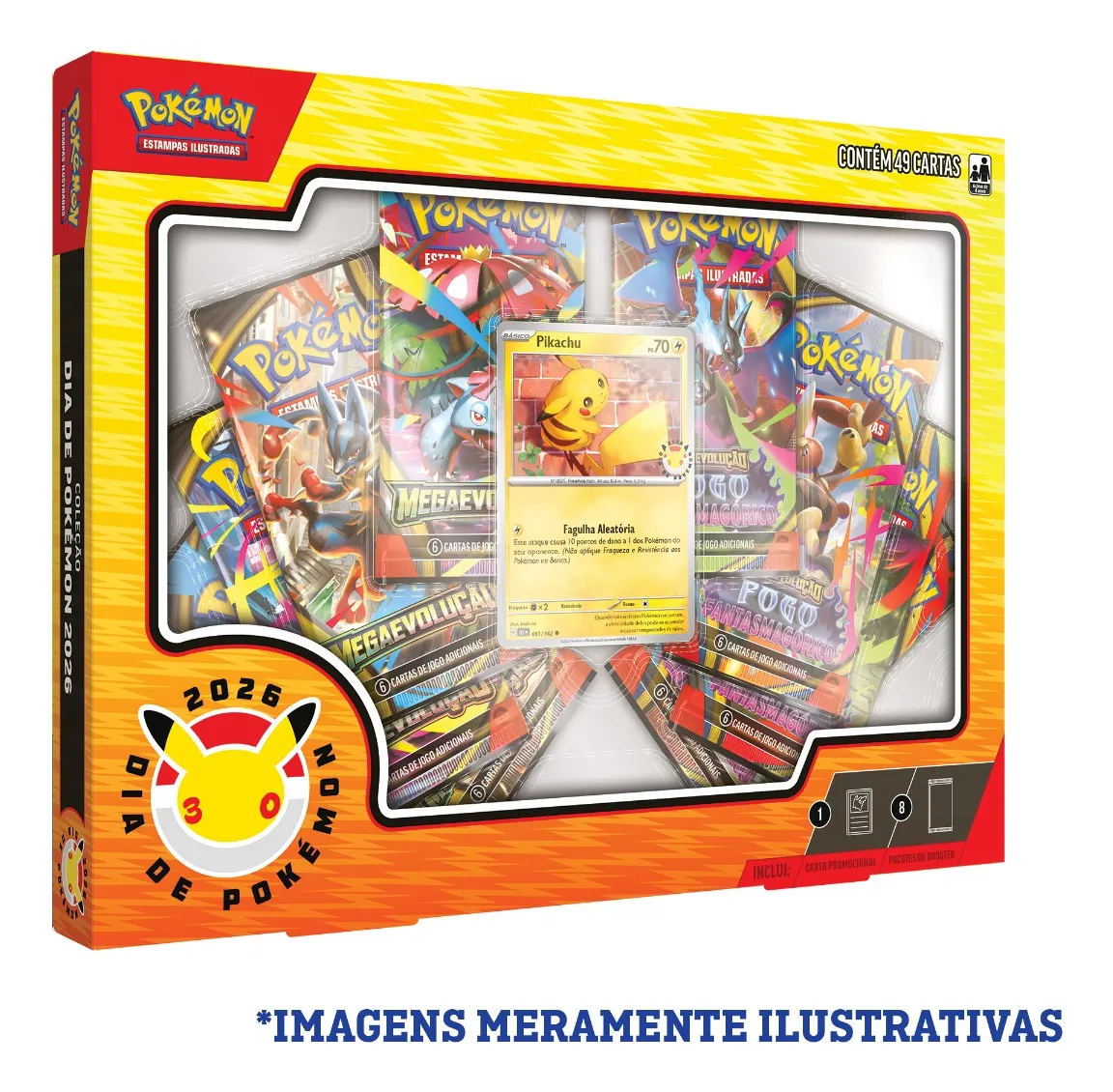 Box Coleção Dia De Pokémon 2026 com 49 cartas Pikachu em destaque