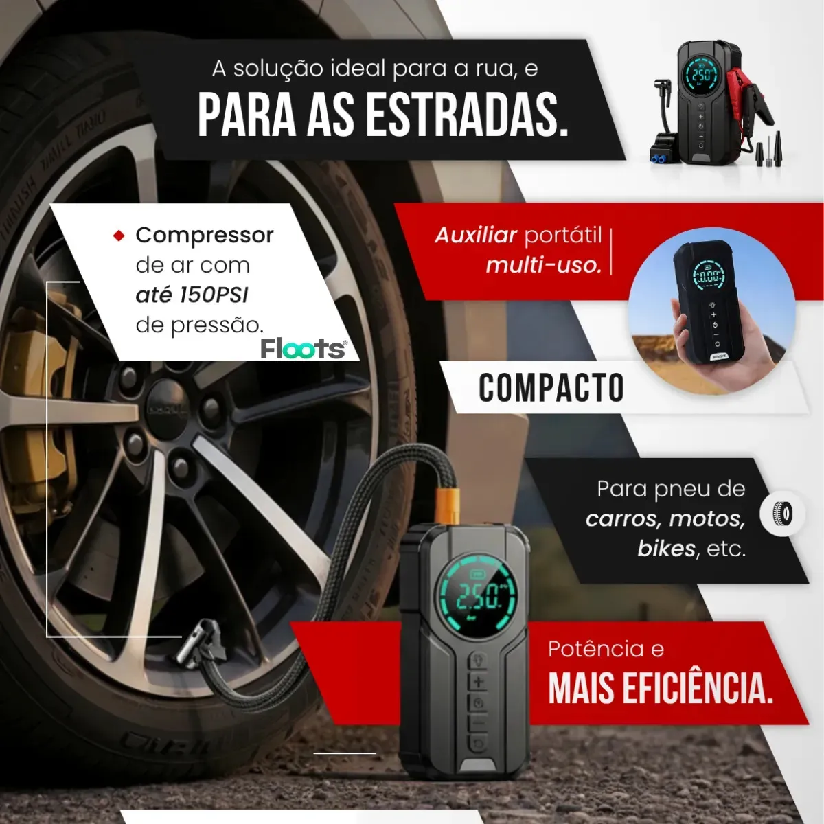 Auxiliar de Partida Carregador Bateria Com Compressor de Ar Emergência Portátil Veicular Floots Automotivo — imagem 3