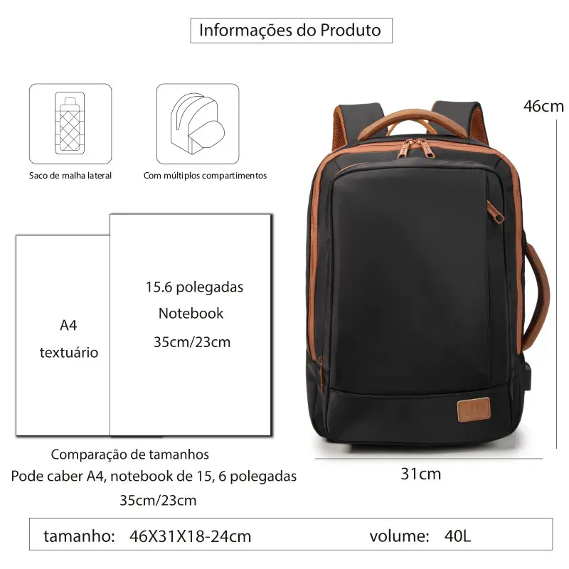Mochila, impermeável, reforçada, com capacidade para laptop, ampliação de 25 a 40 L, adequada para homens e mulheres, ideal para viagens e deslocamentos diários, com porta USB (preto)