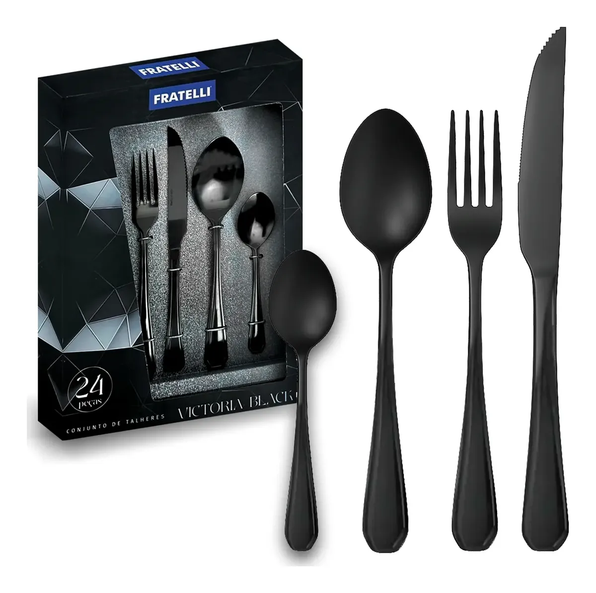 Jogo Talher Garfo Faca 24 Peças Victoria Black Aço Inox Luxo
