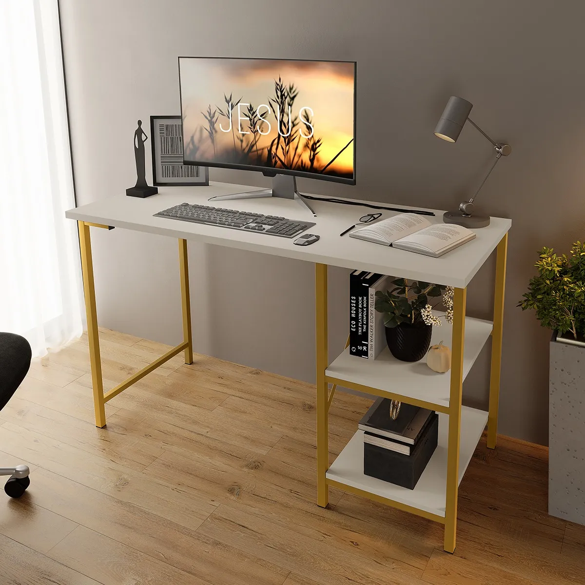 Mesa Escrivaninha Office Estudo Estilo Industrial Klm Store. Cor Dourado com Off White - Imagem 3