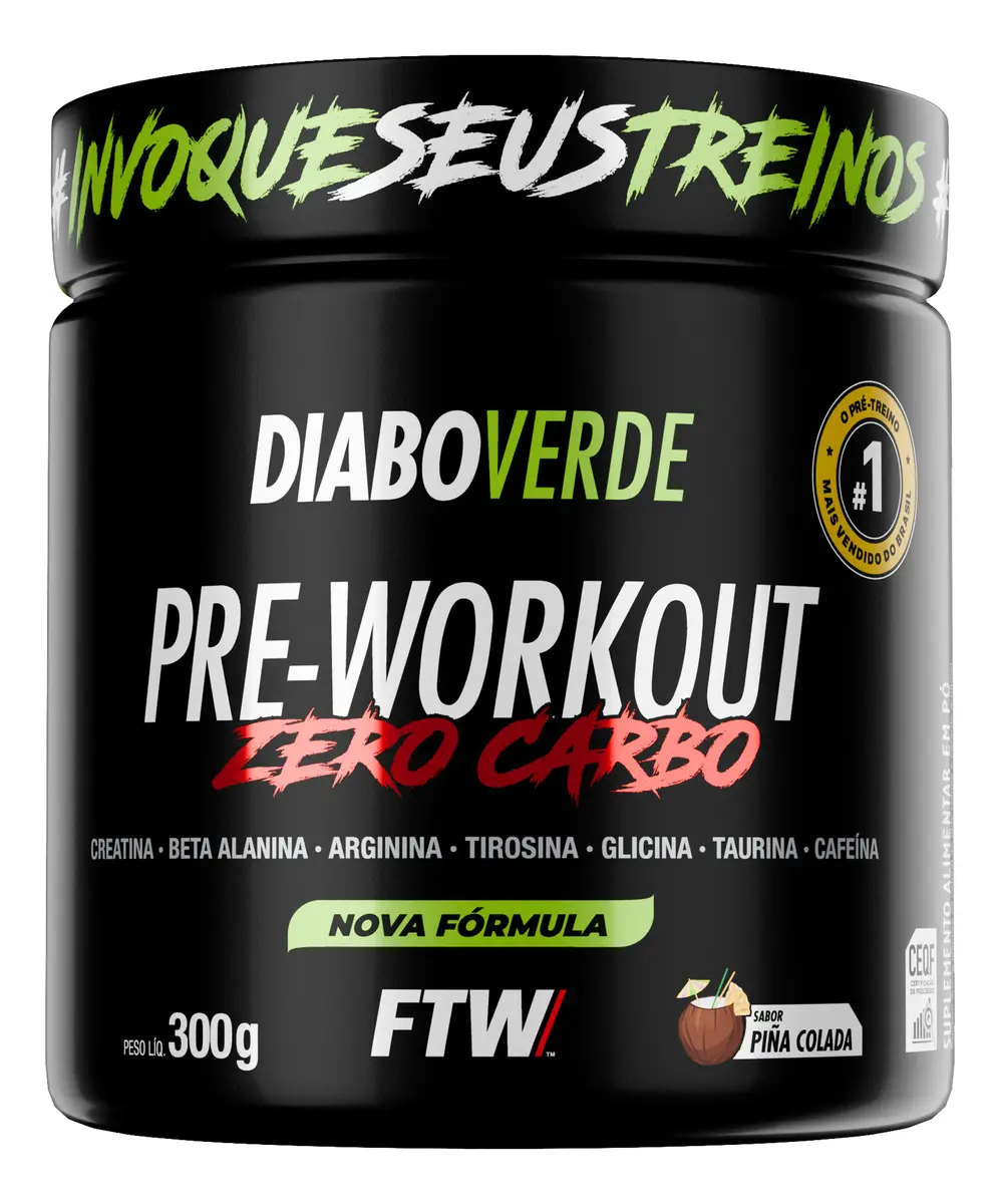 Pré Treino Diabo Verde Pre-Workout Zero Carboidrato Piña Colada 300g FTW