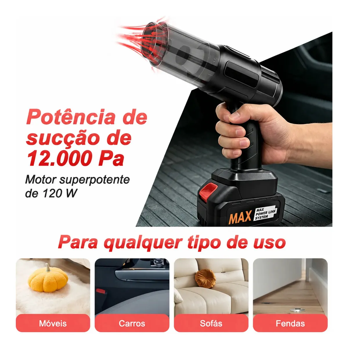 Aspirador Portátil Sem Fio 2 em 1 para Carro e Casa com 6 Bocais - foto 3
