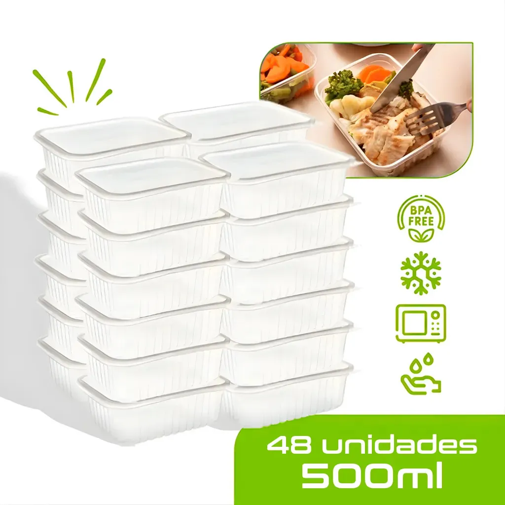 48 Marmitas 500ml Comida Fitness Pote Descartável Retangular Plástico Freezer Microondas Com Tampas - Mtones