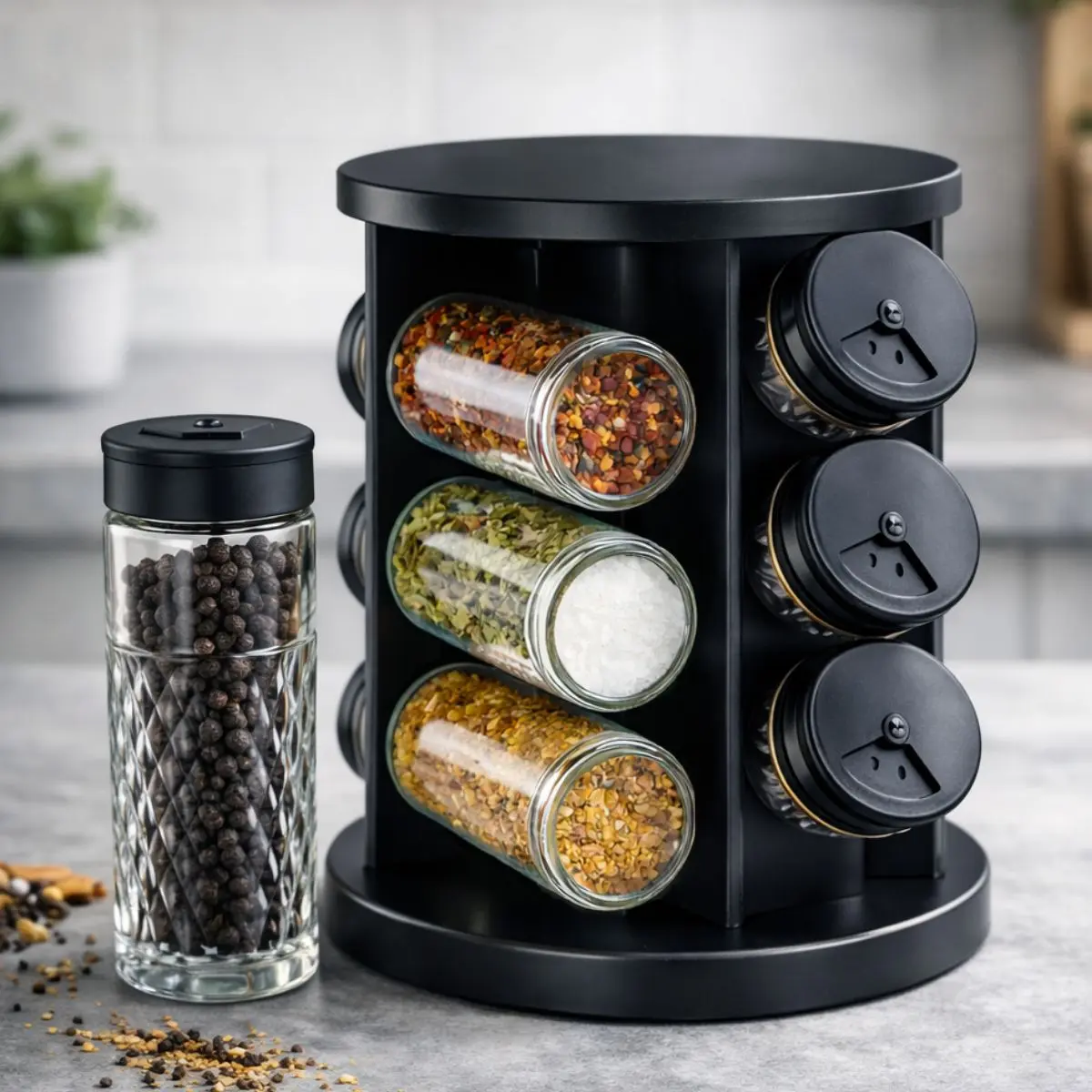 Porta Condimentos Temperos Giratório 9 Potes De Vidro Preto Preto