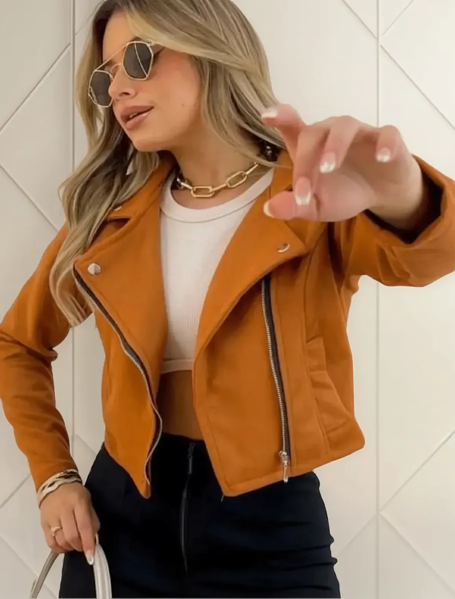 Jaqueta Feminina Suede Fechamento Em Zíper Dia A Dia Fashion