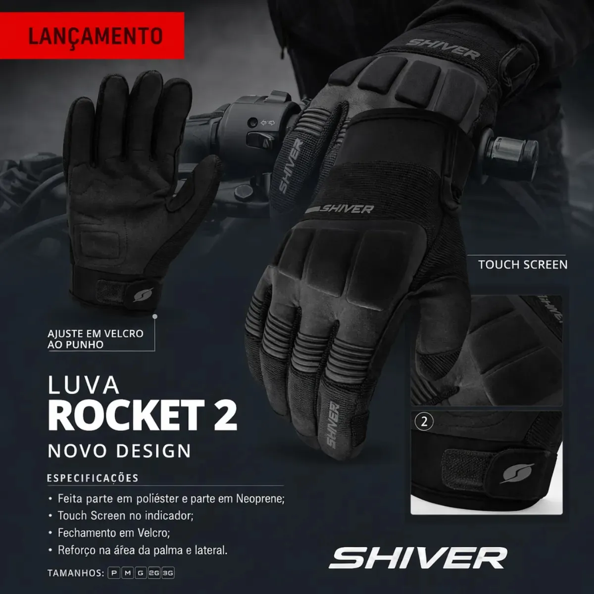 Luva Moto Shiver Rocket 2 Touch Screen Proteção P Ao Ggg Preto Gg — foto 2
