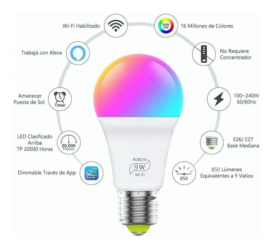 Bombilla LED inteligente Wi-Fi 110V, A19 - NHB-C110