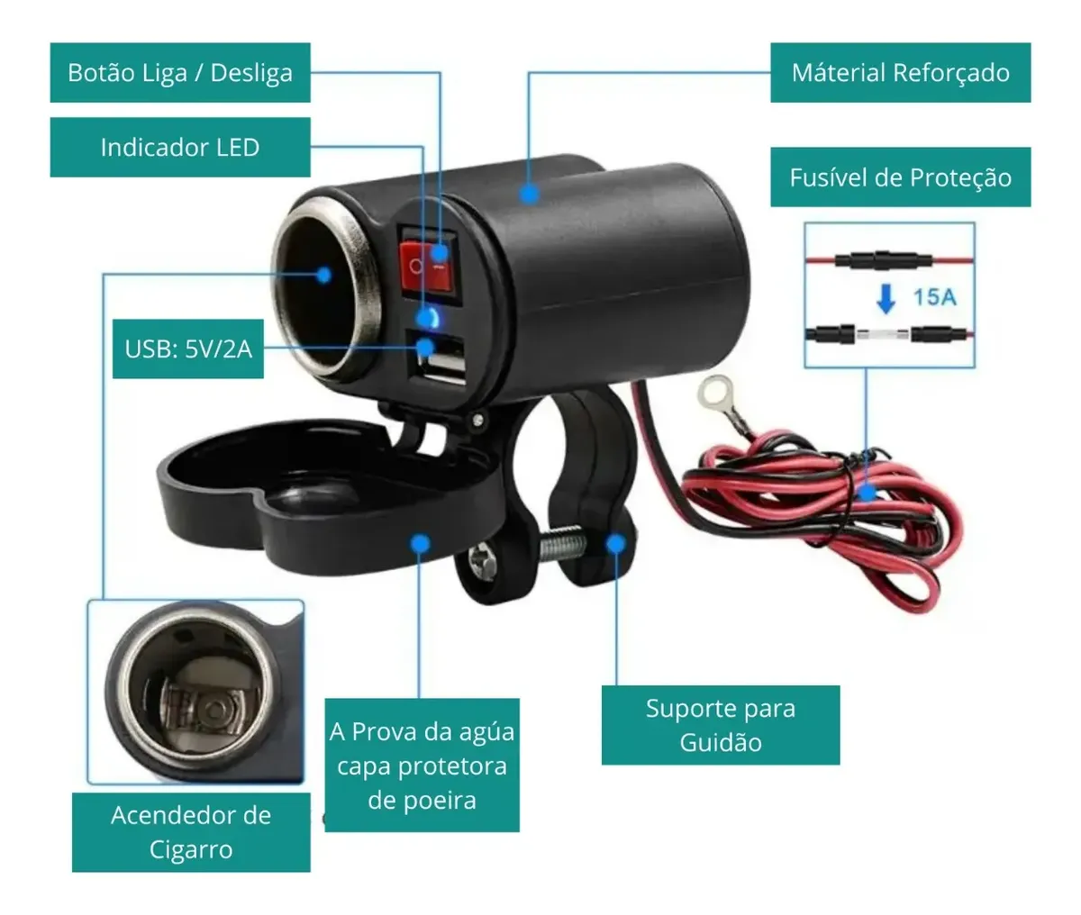 Tomada 12v Usb P/ Moto Carregador Celular Turbo Prova D'água — foto 3