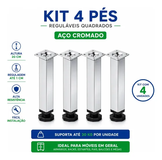 Kit 4 Pé Regulável Quadrado Aço Para Móvel Cromado 20cm Cromado