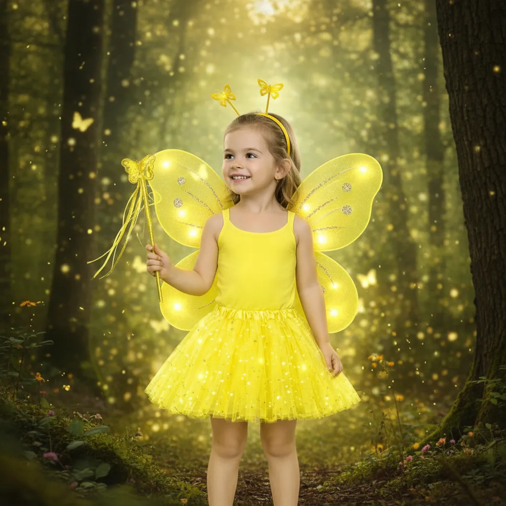 Fantasia Fada Borboleta Asas E Saia C/ Led + Tiara + Varinha Amarela Único - Imagem 3