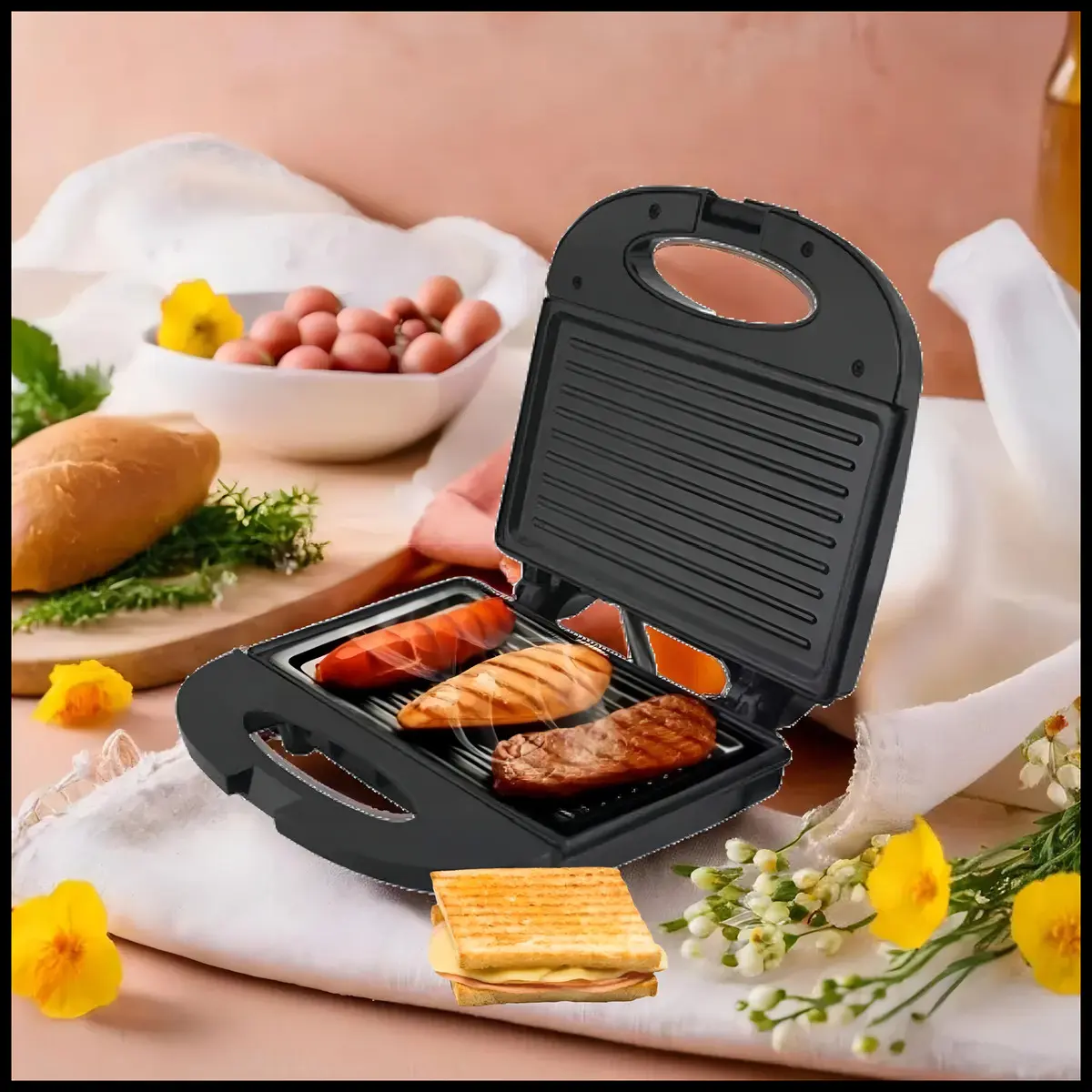 Sanduicheira Kian aberta com carne, frango e sanduíche sendo preparados