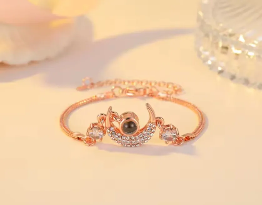 Pulsera Mujer Luna 100 Idiomas Te Amo Brazalete Dorado Rosa
