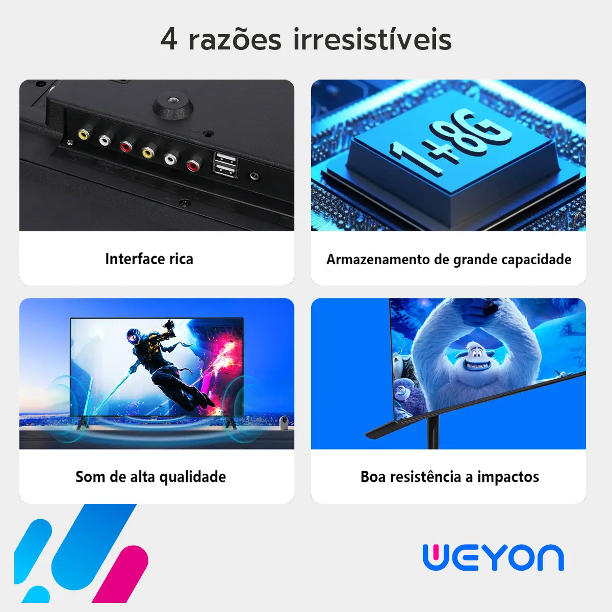 Detalhes da Smart TV UEYON, com informações sobre conectividade e capacidade de armazenamento