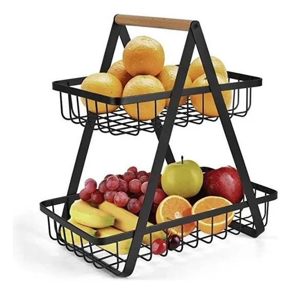Frutero de Metal y Madera con 2 Niveles - Vista principal del organizador de frutas