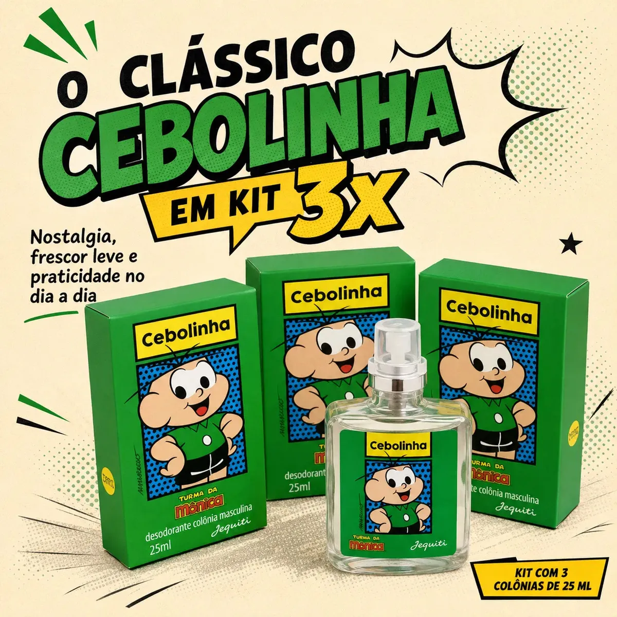 Kit 3 Perfumes Cebolinha Jequiti 25ml Infantil Turma da Mônica Colônia Masculina Kit Presente Original